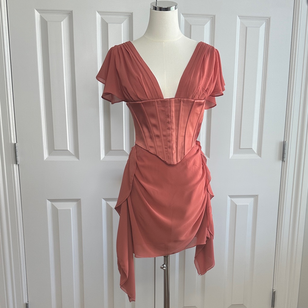 Nwt Oh Polly Draped Corset V-Neck Dress Flutter Sleeves Burnt Orange Cocktail 0